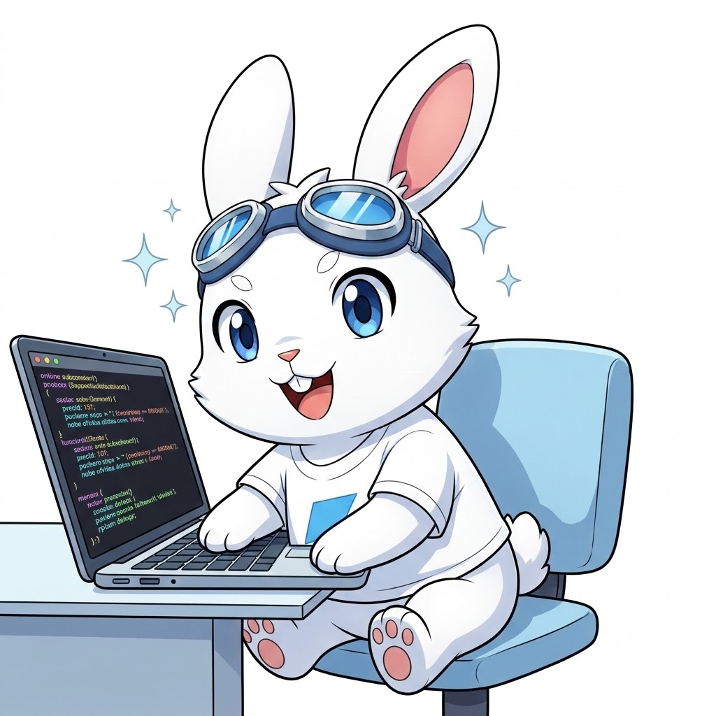 ラピットくんがパソコンでコーディング中