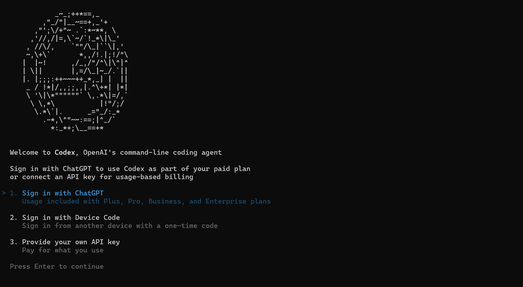 Codex CLI 起動直後の認証メニュー画面