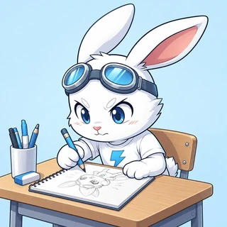 ゴーグルをつけた白いウサギのキャラクター「ラピットくん」が、机に向かってネームを描いている