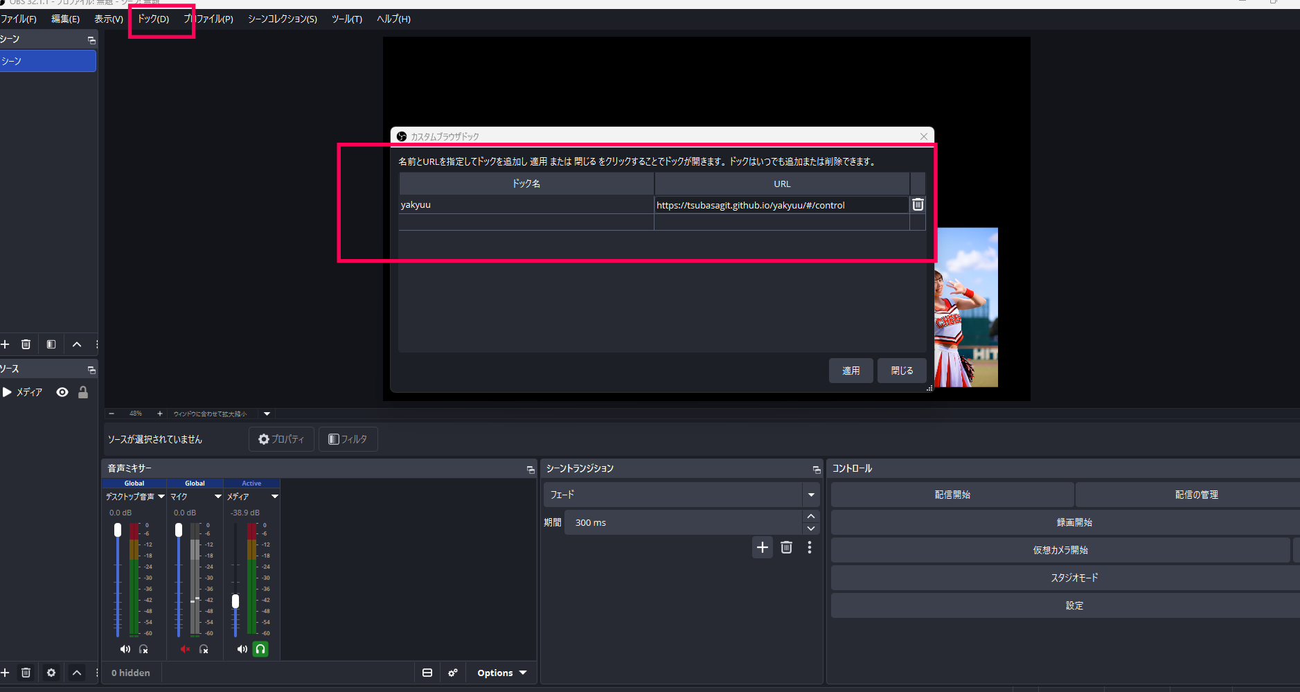 カスタムブラウザドック設定画面